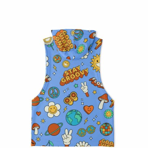 Back view of groovy hoodie with vibrant psychedelic patterns