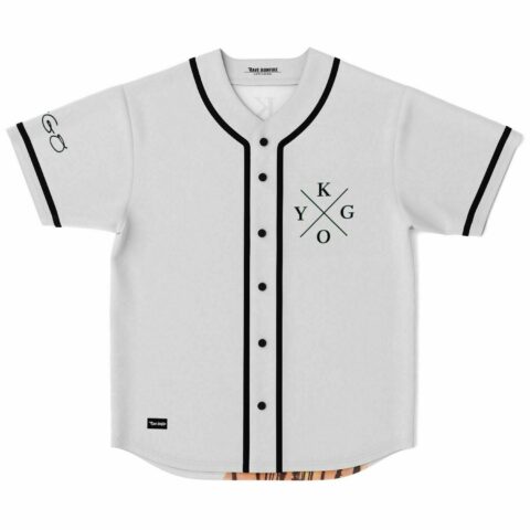 White baseball jersey with cross logo design on chest and black button placket, front view