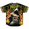 Hooded fire warrior graphic on black flames baseball jersey, back view close-up