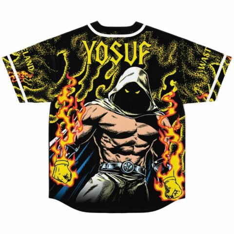 Hooded fire warrior graphic on black flames baseball jersey, back view close-up