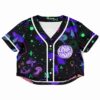 Vibrant rave cropped baseball jersey with cosmic and mushroom-inspired design