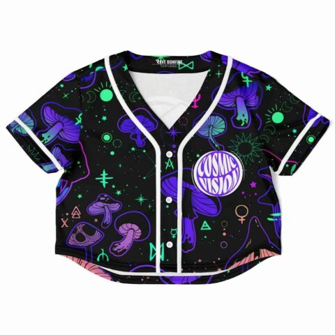 Vibrant cropped baseball jersey with cosmic and mushroom-inspired design