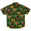 Vibrant tropical flower rave button-down shirt with green leaf design