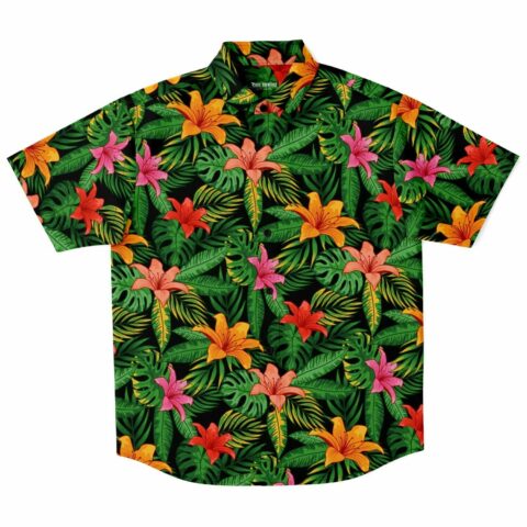 Button-up shirt with vibrant tropical flowers and green leaf design
