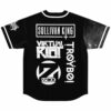 Back view of black bass-inspired jersey with festival lineup text print and galaxy sleeve