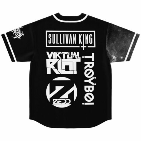Back view of black bass-inspired jersey with festival lineup text print and galaxy sleeve