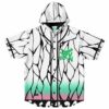 Hooded baseball jersey with cracked glass print and green kanji on chest, front view