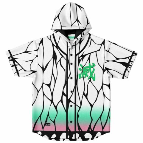 Hooded baseball jersey with cracked glass print and green kanji on chest, front view