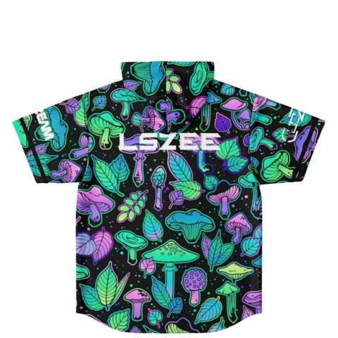 Back view of the neon mushroom print jersey with text reading lszee across the shoulders