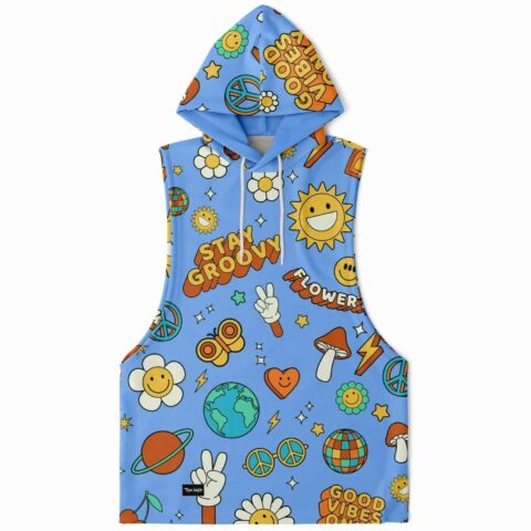 Colorful sleeveless hoodie with peace symbols and floral design