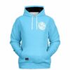Sky blue rave hoodie front view with small Flower Power daisy logo on chest