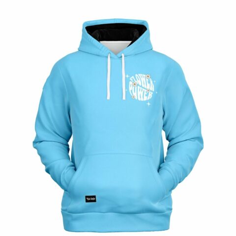 Sky blue rave hoodie front view with small Flower Power daisy logo on chest