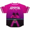 Pink sunset synthwave print on jersey back with palm trees and retro car