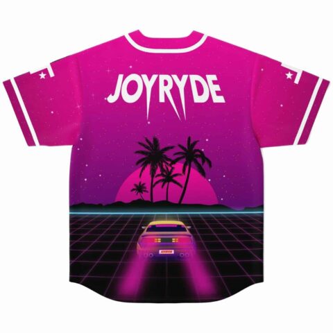 Pink sunset synthwave print on jersey back with palm trees and retro car