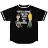 Black baseball jersey back view with bold text graphic and cartoon characters in DJ shirts