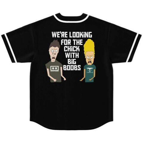 Black baseball jersey back view with bold text graphic and cartoon characters in DJ shirts