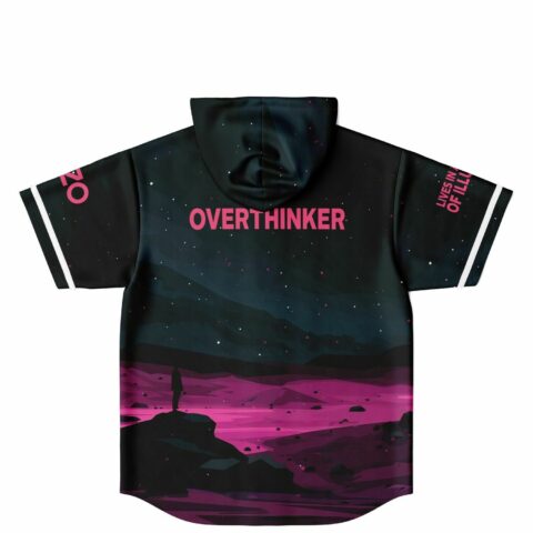 Overthinker text printed across back yoke of hooded jersey with starry pink horizon print