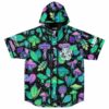 Front view of hooded baseball jersey with neon mushroom and leaf print and text reading
