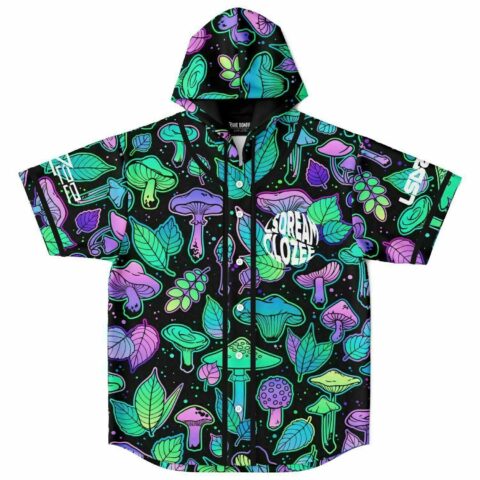 Front view of hooded baseball jersey with neon mushroom and leaf print and text reading