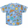 Flower power jersey back view with smiling sun peace signs and rainbow daisy patches