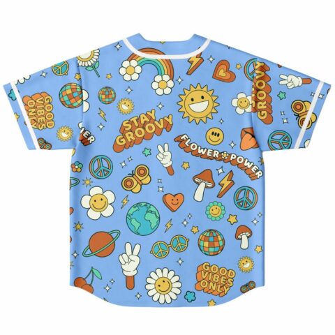 Flower power jersey back view with smiling sun peace signs and rainbow daisy patches