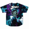 Back view of teal marble jersey with bold text logo and zombie head graphic