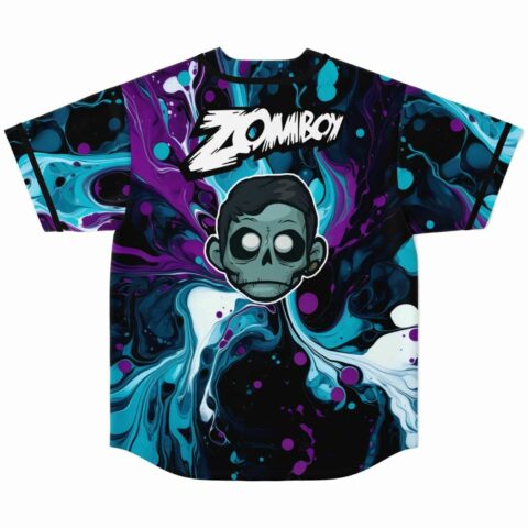 Back view of teal marble jersey with bold text logo and zombie head graphic