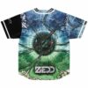 Blue to green shattered glass design baseball jersey back view with circular wire burst logo