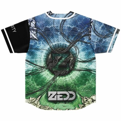 Blue to green shattered glass design baseball jersey back view with circular wire burst logo