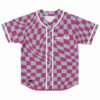 Pink and grey warped checkerboard rave baseball jersey with Dionysus text logo, front view