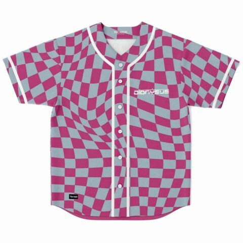 Pink and grey warped checkerboard rave baseball jersey with Dionysus text logo, front view