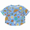 Back of the rave cropped baseball jersey with vibrant, cheerful graphics