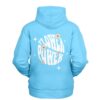 Sky blue rave hoodie back view with wavy Flower Power text and daisy graphics