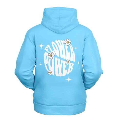 Sky blue rave hoodie back view with wavy Flower Power text and daisy graphics