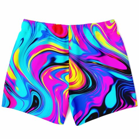Neon marble swirl rave swim trunks back view showing full pattern flow