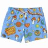 Flat lay of cornflower blue retro groovy rave swim trunks with mushrooms peace signs