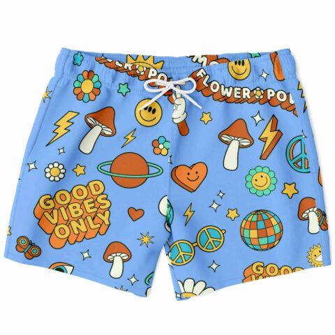 Flat lay of cornflower blue retro groovy rave swim trunks with mushrooms peace signs