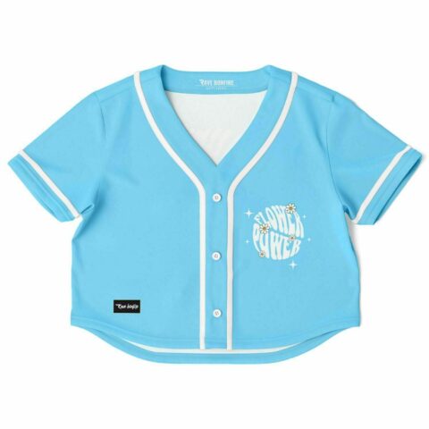 Front view of cropped jersey showing buttons and flower power design