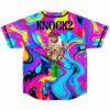 Back view of psychedelic marbled swirl jersey featuring mushroom-topped cartoon character graphic and Knock2 text