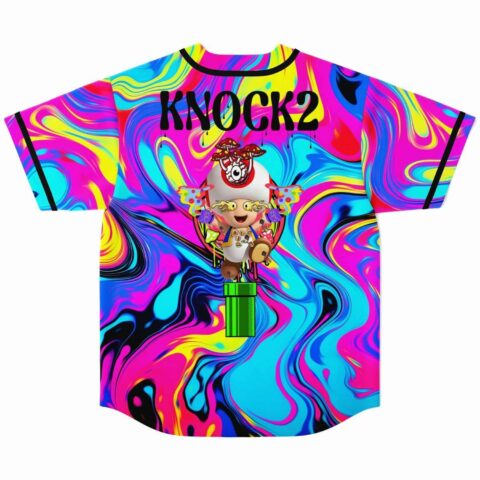 Back view of psychedelic marbled swirl jersey featuring mushroom-topped cartoon character graphic and Knock2 text