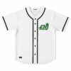 White 420 cannabis leaf baseball jersey front view with black piping and buttons