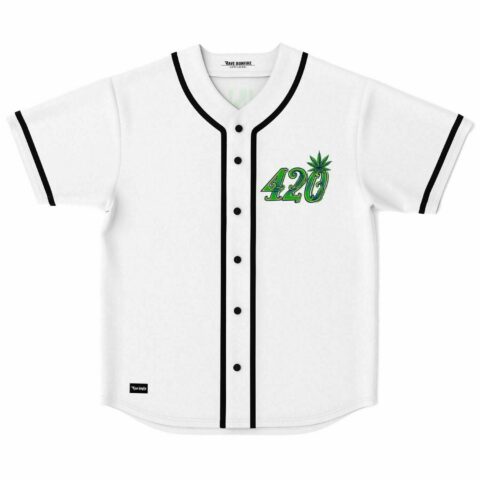 White 420 cannabis leaf baseball jersey front view with black piping and buttons