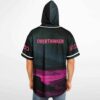 Back view of model in starry hooded jersey showing overthinker print and pink cuff stripes
