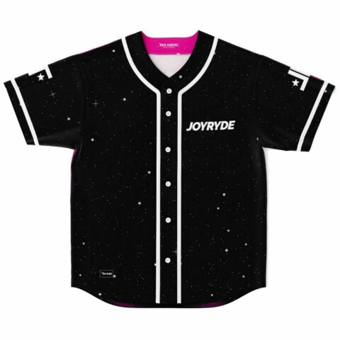 Black starfield rave baseball jersey with JOYRYDE text laid flat front view