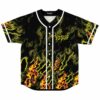 Black flames rave baseball jersey with yellow spark texture and YOSUF text, front view
