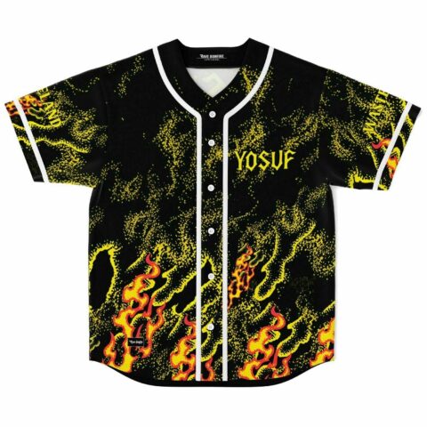 Black flames rave baseball jersey with yellow spark texture and YOSUF text, front view