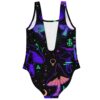 Black glowing mushrooms rave swimsuit front view with deep plunge neckline and neon fungi print