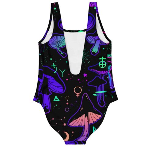 Black glowing mushrooms rave swimsuit front view with deep plunge neckline and neon fungi print