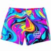 Hot pink swirling liquid rave swim trunks with stay trippy print front view