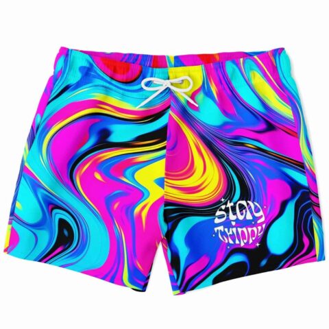 Hot pink swirling liquid rave swim trunks with stay trippy print front view